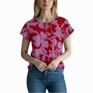 Nine West Women's Vibrant Red & Pink Gathered Crewneck Tulip Sleeve Blouse XL